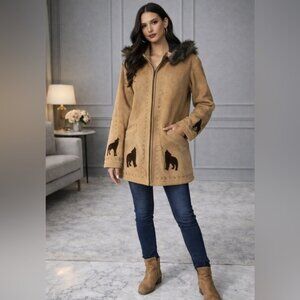 Coldwater Creek Wolf Faux Suede Coat Tan Fur Hooded Jacket Small Western Chic